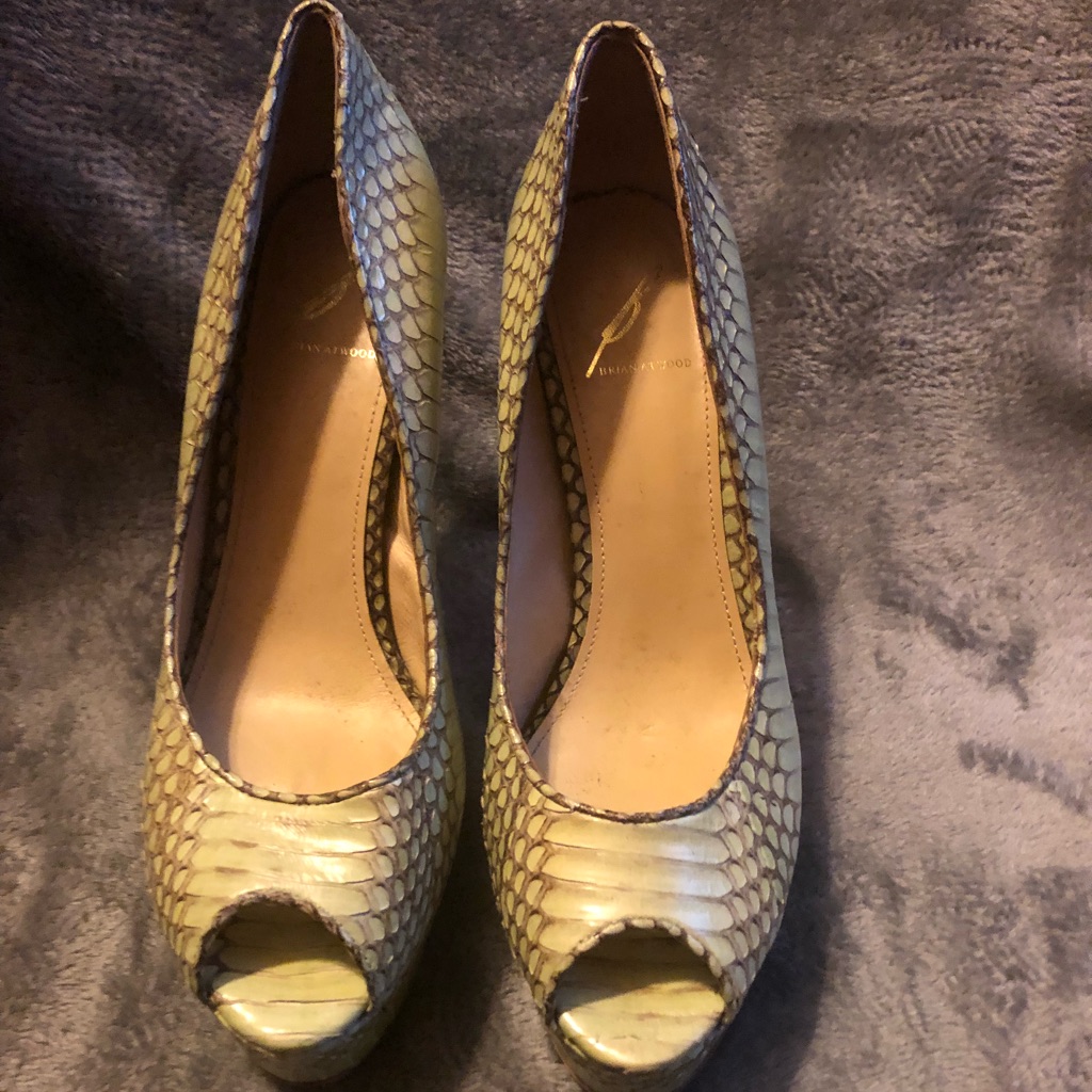 Brian Atwood Yellow Green Snakeskin PeepToe Pumps